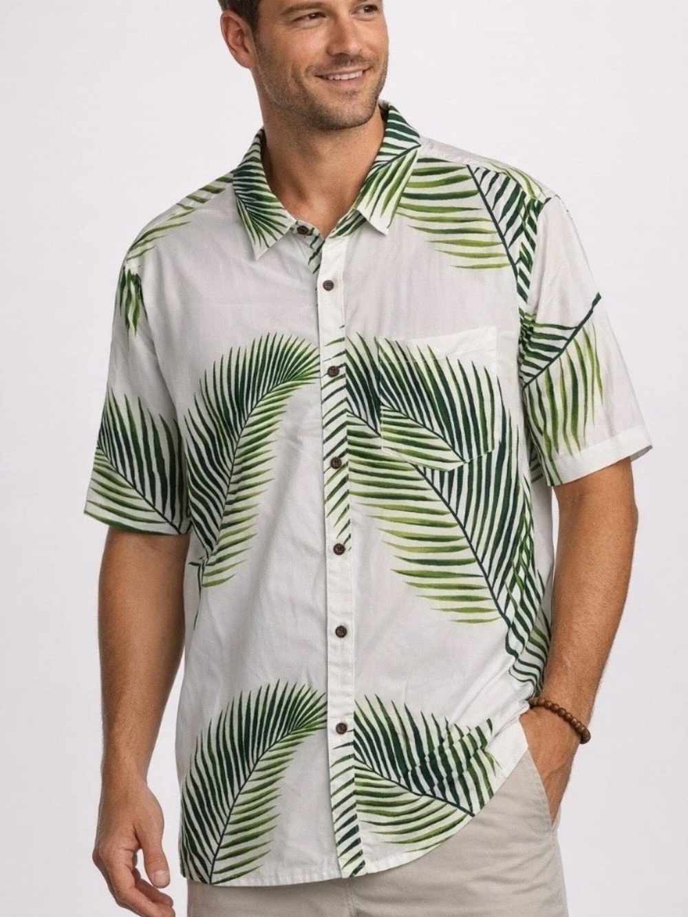 Margaritaville White Short-Sleeve Shirt with Green Palm Print